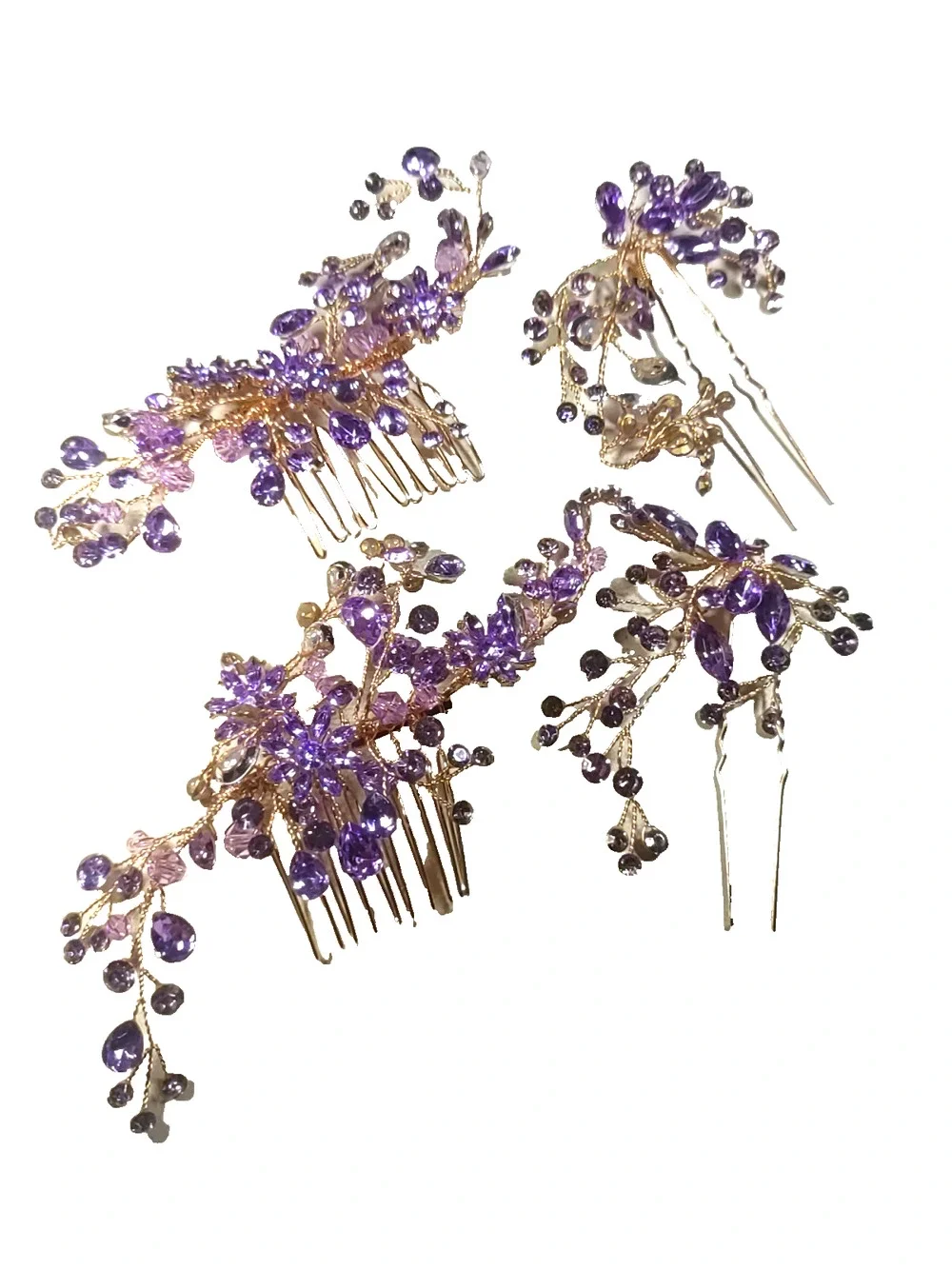 Lot Of 4 Hair Accessory 2 Combs 2 Picks Gold Tone Purple Rhinestone Prom Party